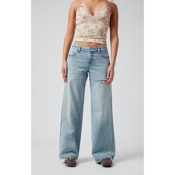 Pacsun Casey Low Rise Baggy Jeans‎ Ripped Slit Light Indigo Size 34 Wide Leg - Picture 1 of 11